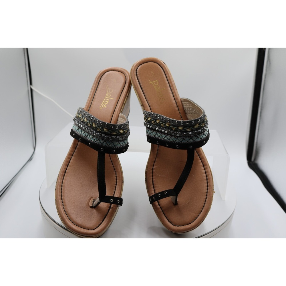 Palms Multi Media Toe Ring Rhinestone Cushion Wedge Sandals Sz 10M‎ Beach Travel